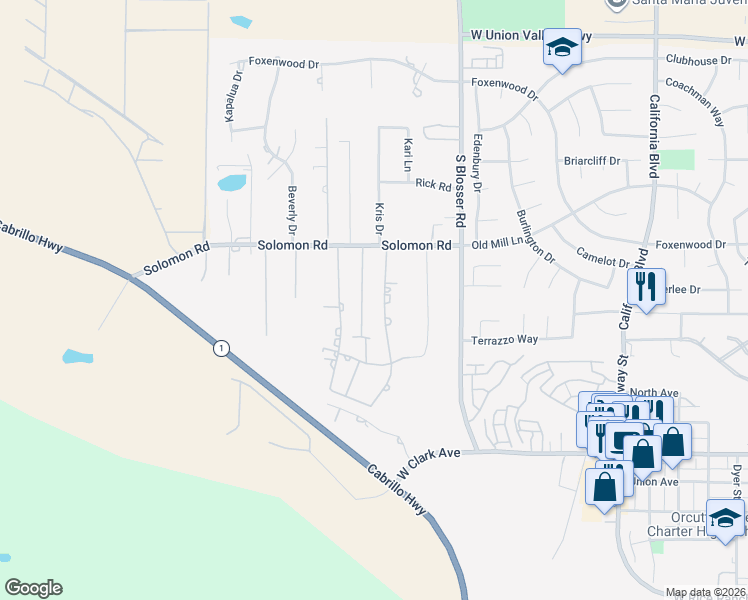 map of restaurants, bars, coffee shops, grocery stores, and more near 4669 Paint Horse Trail in Santa Maria