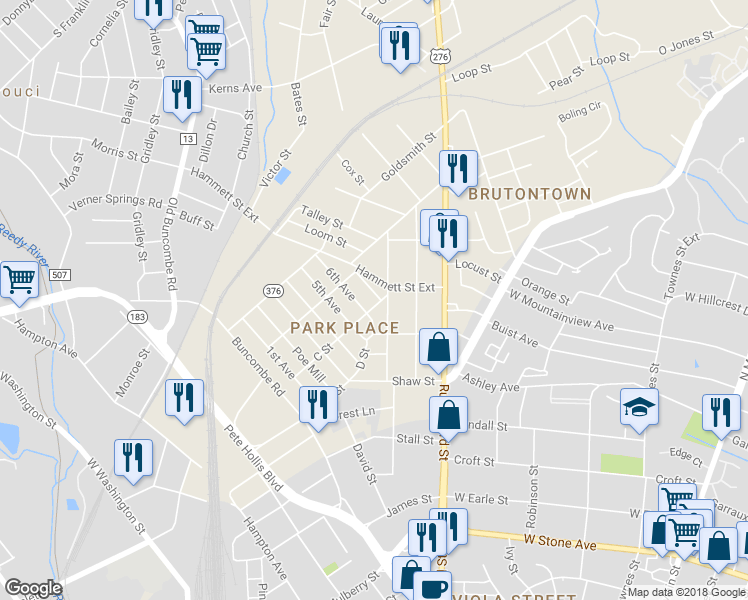 map of restaurants, bars, coffee shops, grocery stores, and more near 26 7th Avenue in Greenville