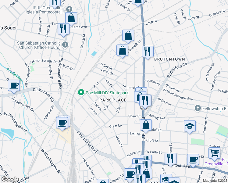 map of restaurants, bars, coffee shops, grocery stores, and more near 20 6th Street in Greenville