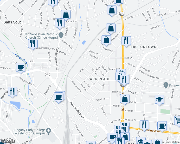map of restaurants, bars, coffee shops, grocery stores, and more near 509 4th Avenue in Greenville