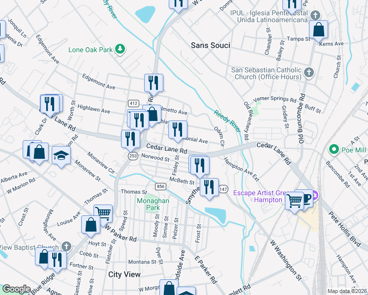 map of restaurants, bars, coffee shops, grocery stores, and more near 424 Cedar Lane Road in Greenville