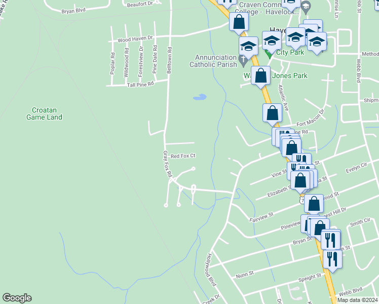 map of restaurants, bars, coffee shops, grocery stores, and more near 513 Red Fox Court in Havelock