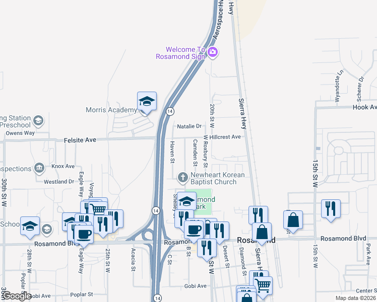 map of restaurants, bars, coffee shops, grocery stores, and more near 3436 Glendower Street in Rosamond