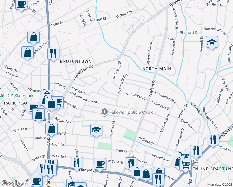 map of restaurants, bars, coffee shops, grocery stores, and more near 301 Townes Street Ext in Travelers Rest