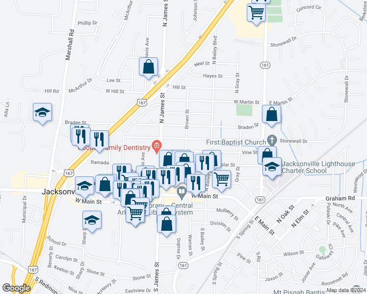 map of restaurants, bars, coffee shops, grocery stores, and more near 700 Vine Street in Jacksonville