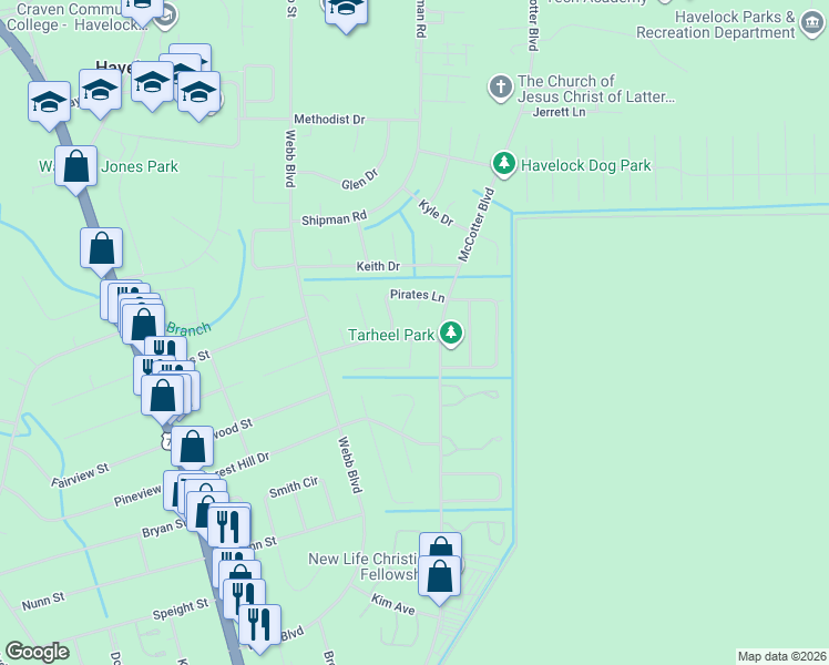 map of restaurants, bars, coffee shops, grocery stores, and more near 127-129 Tar Heel Drive in Havelock