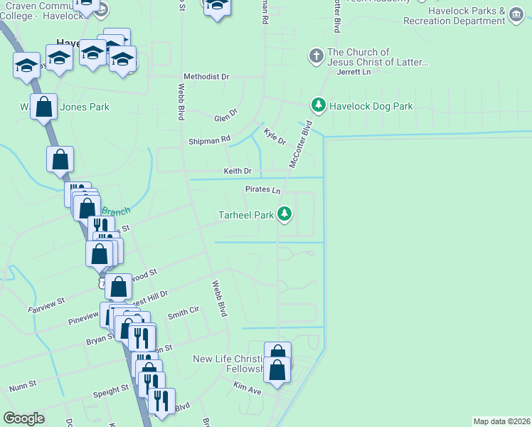 map of restaurants, bars, coffee shops, grocery stores, and more near 127 Tar Heel Drive in Havelock