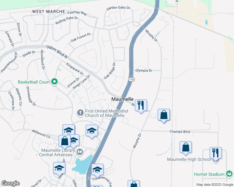 map of restaurants, bars, coffee shops, grocery stores, and more near 43 Pin Oak Loop in Maumelle