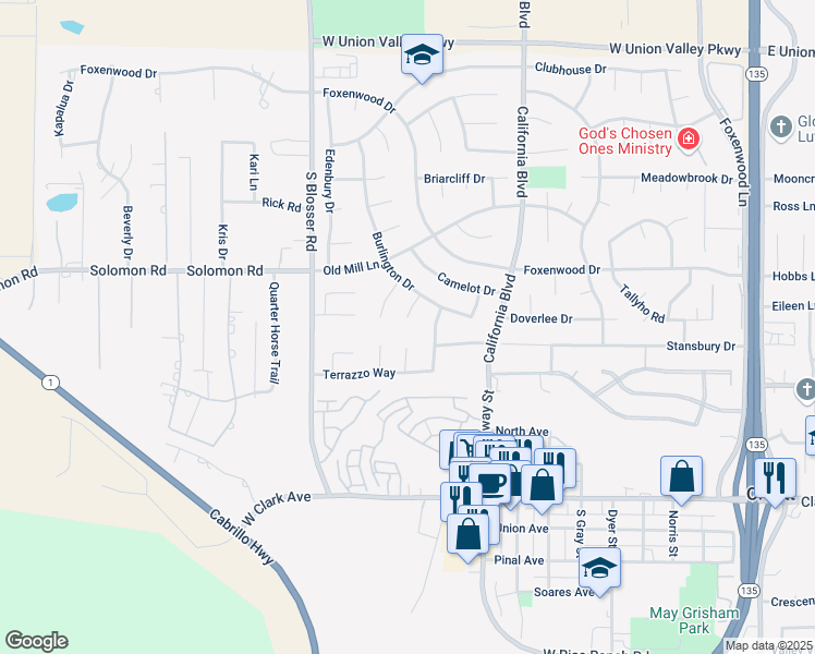 map of restaurants, bars, coffee shops, grocery stores, and more near 4680 Blackstone Court in Santa Maria