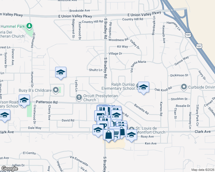 map of restaurants, bars, coffee shops, grocery stores, and more near 4622 South Bradley Road in Santa Maria