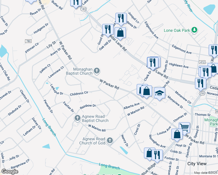 map of restaurants, bars, coffee shops, grocery stores, and more near 1407 West Parker Road in Greenville