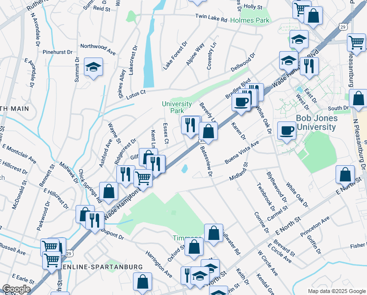 map of restaurants, bars, coffee shops, grocery stores, and more near 767 Wade Hampton Boulevard in Greenville