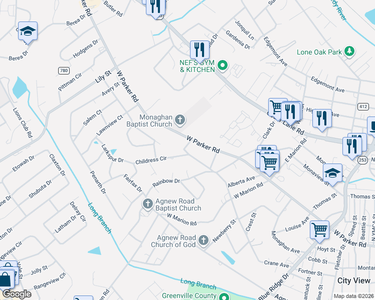 map of restaurants, bars, coffee shops, grocery stores, and more near 521 Crane Avenue in Greenville