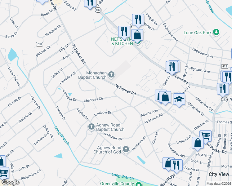 map of restaurants, bars, coffee shops, grocery stores, and more near 521 Crane Avenue in Greenville