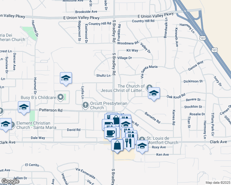 map of restaurants, bars, coffee shops, grocery stores, and more near 4614 South Bradley Road in Orcutt
