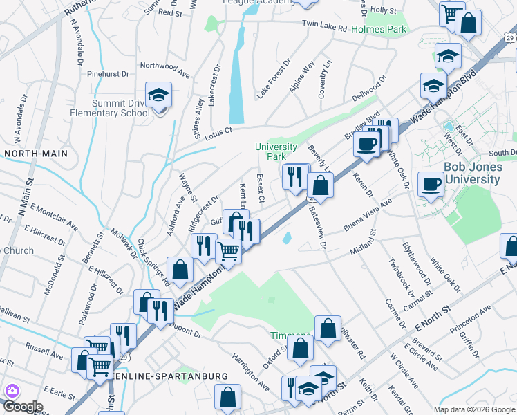 map of restaurants, bars, coffee shops, grocery stores, and more near 1 Essex Court in Greenville