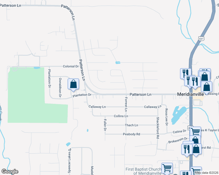 map of restaurants, bars, coffee shops, grocery stores, and more near 121 Burlcrest Court in Meridianville