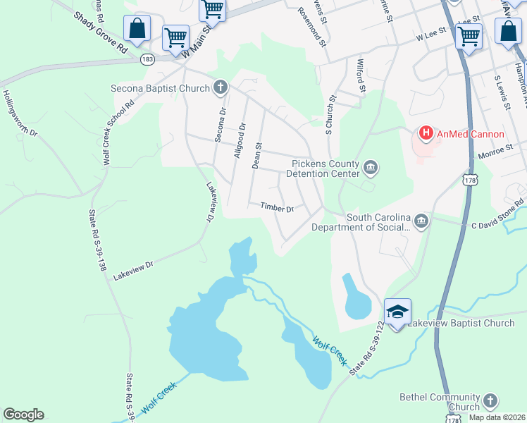 map of restaurants, bars, coffee shops, grocery stores, and more near 209 Timber Drive in Pickens