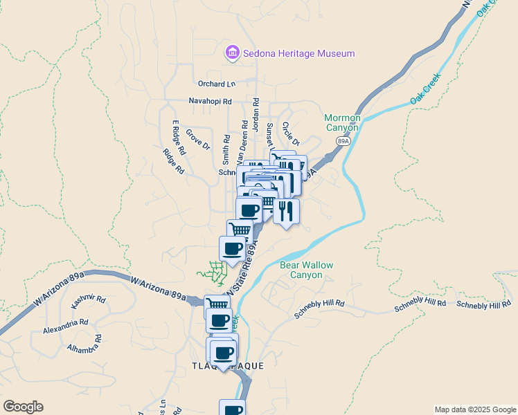 map of restaurants, bars, coffee shops, grocery stores, and more near 273 North State Route 89A in Sedona