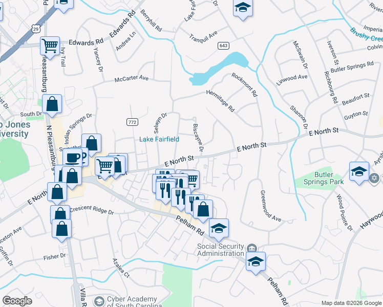map of restaurants, bars, coffee shops, grocery stores, and more near 2805 East North Street in Greenville