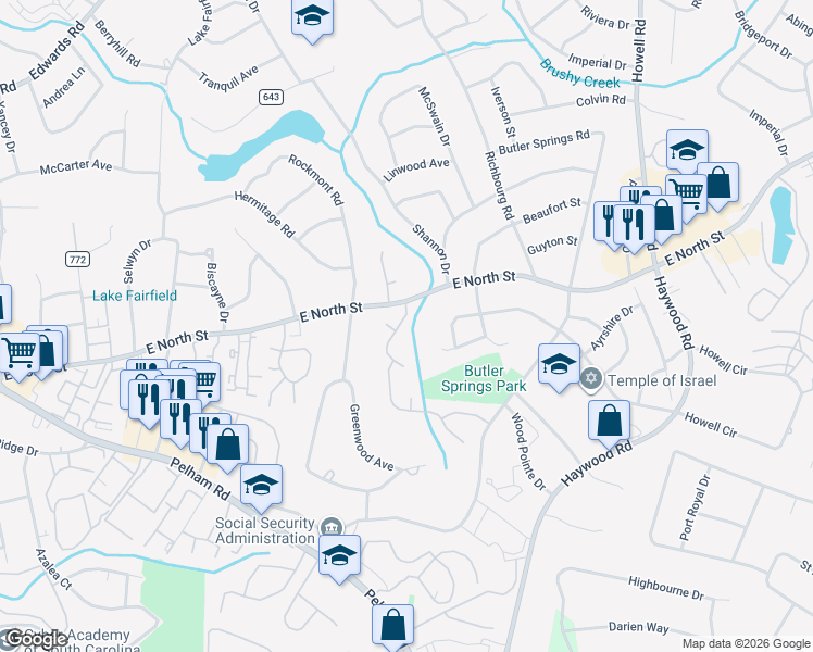 map of restaurants, bars, coffee shops, grocery stores, and more near 101 Cutler Way in Greenville