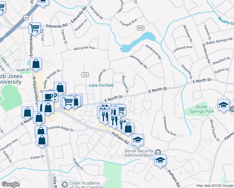 map of restaurants, bars, coffee shops, grocery stores, and more near 2805 East North Street in Greenville