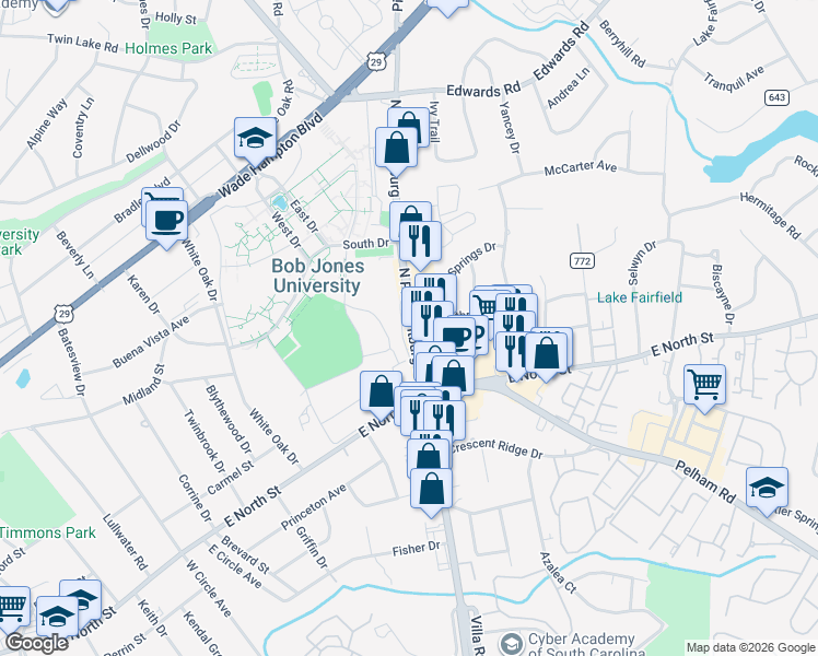 map of restaurants, bars, coffee shops, grocery stores, and more near 6-98 Springdale Dr in Greenville