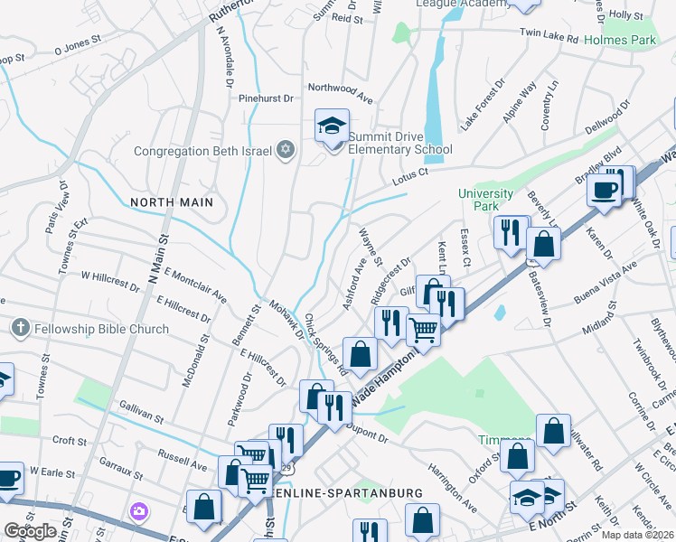 map of restaurants, bars, coffee shops, grocery stores, and more near 109 Ashford Avenue in Greenville