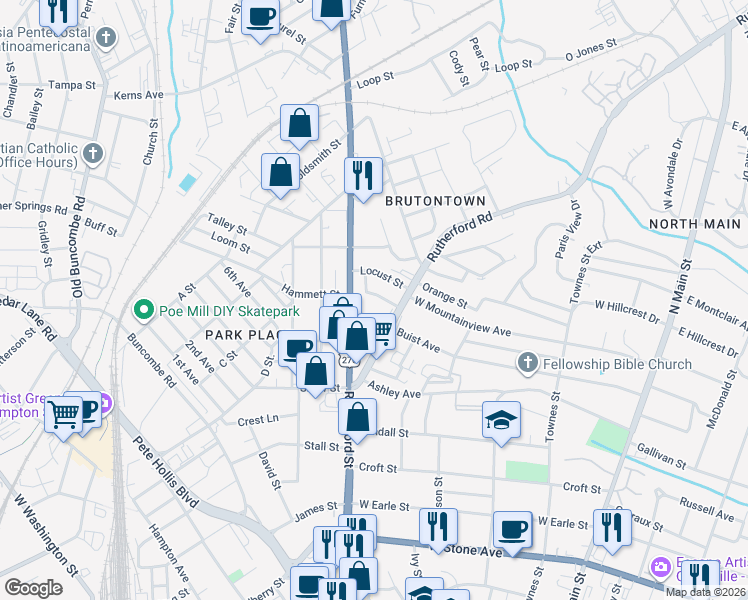 map of restaurants, bars, coffee shops, grocery stores, and more near 302 Poinsett Highway in Greenville
