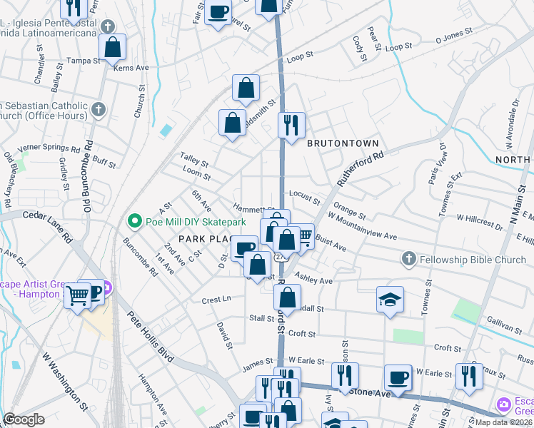 map of restaurants, bars, coffee shops, grocery stores, and more near 214 Orders Street in Greenville