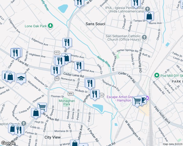 map of restaurants, bars, coffee shops, grocery stores, and more near 406B Cedar Lane Road in Greenville