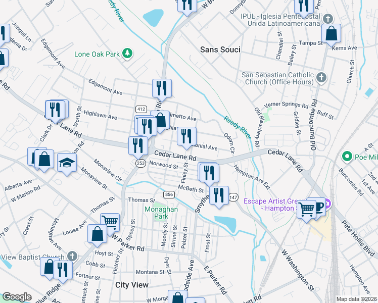 map of restaurants, bars, coffee shops, grocery stores, and more near 424 Cedar Lane Road in Greenville