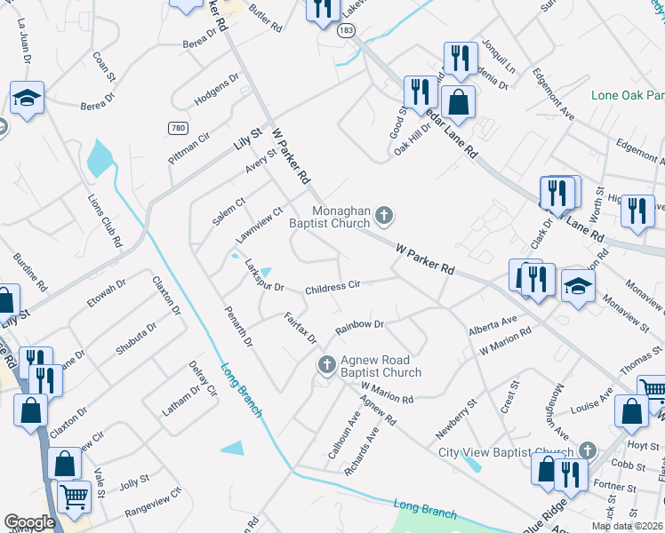 map of restaurants, bars, coffee shops, grocery stores, and more near 7 Wildrose Lane in Greenville