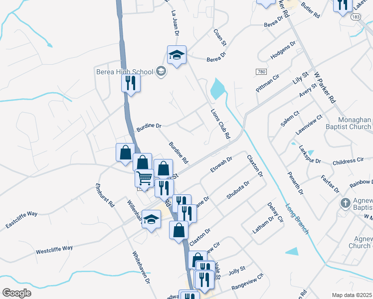 map of restaurants, bars, coffee shops, grocery stores, and more near 100 Burdine Road in Greenville