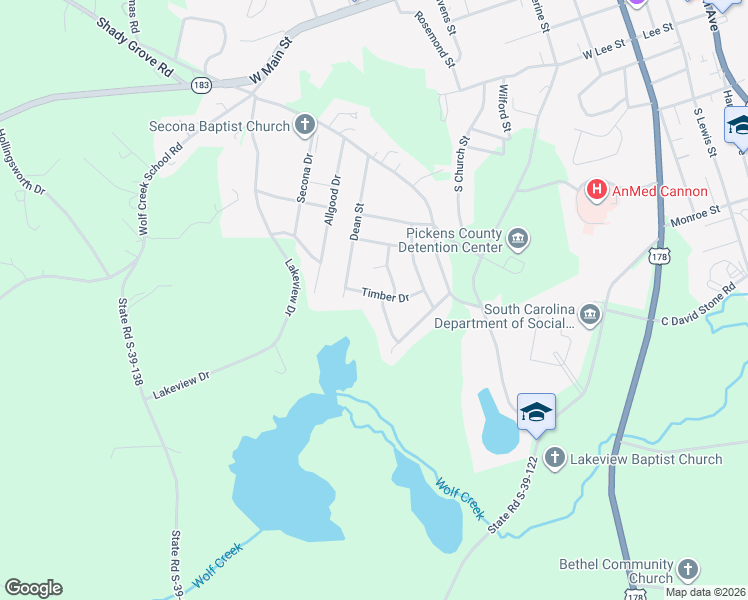 map of restaurants, bars, coffee shops, grocery stores, and more near 209 Timber Drive in Pickens