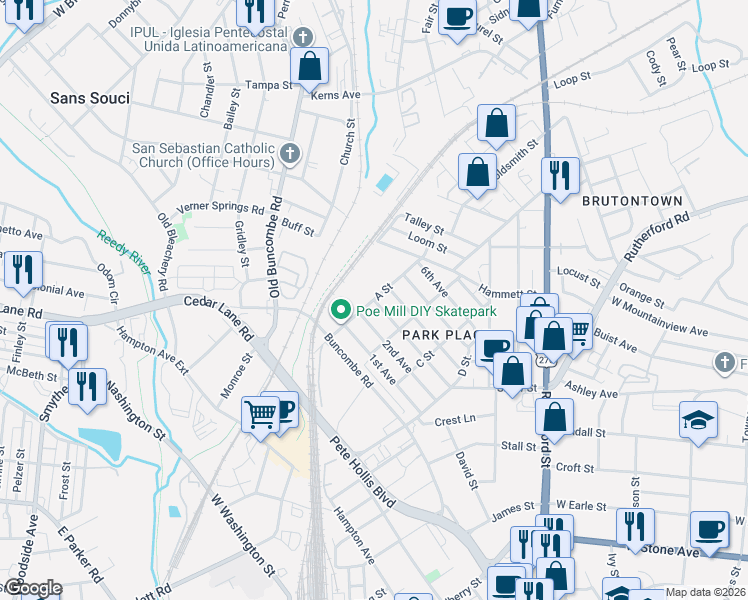 map of restaurants, bars, coffee shops, grocery stores, and more near A Street in Greenville