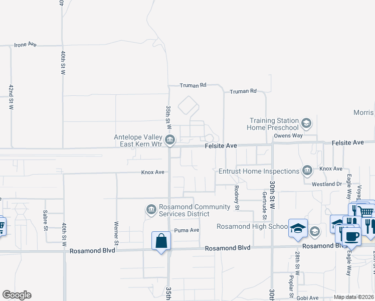 map of restaurants, bars, coffee shops, grocery stores, and more near 3469 Granite Court in Rosamond