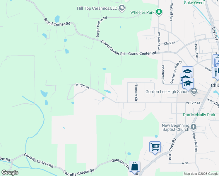 map of restaurants, bars, coffee shops, grocery stores, and more near 771 West 12th Street in Chickamauga
