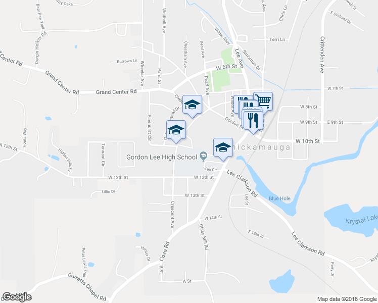 map of restaurants, bars, coffee shops, grocery stores, and more near 300 Crescent Avenue in Chickamauga