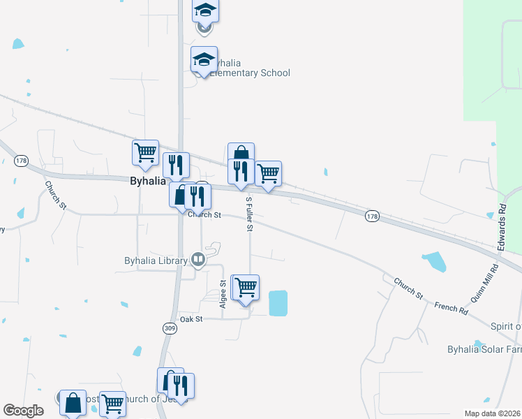 map of restaurants, bars, coffee shops, grocery stores, and more near 184 South Fuller Street in Byhalia