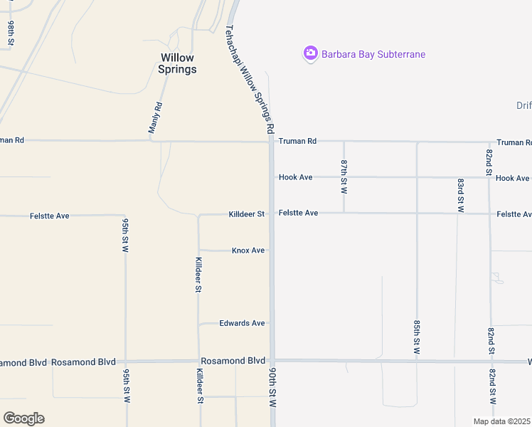 map of restaurants, bars, coffee shops, grocery stores, and more near Killdeer Street in Rosamond