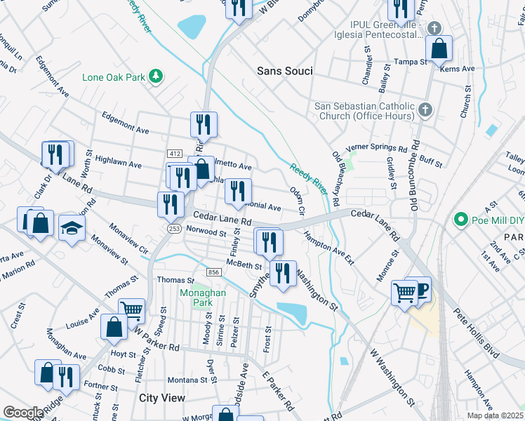 map of restaurants, bars, coffee shops, grocery stores, and more near 406B Cedar Lane Road in Greenville