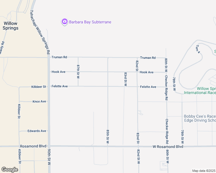 map of restaurants, bars, coffee shops, grocery stores, and more near Felstte Avenue in Rosamond