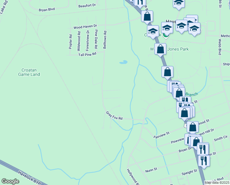 map of restaurants, bars, coffee shops, grocery stores, and more near 513 Red Fox Court in Havelock