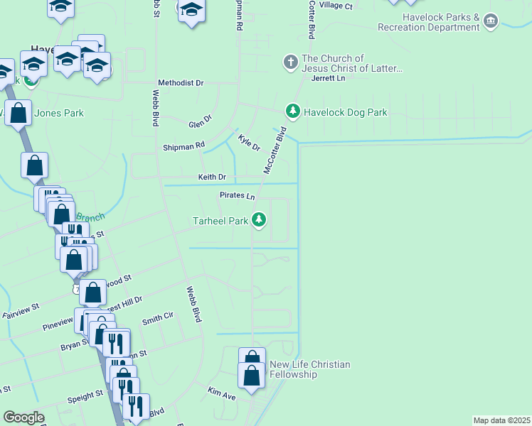 map of restaurants, bars, coffee shops, grocery stores, and more near 308 Panther Trail in Havelock