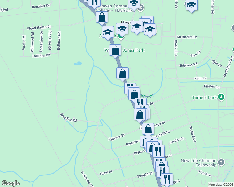 map of restaurants, bars, coffee shops, grocery stores, and more near 111 Hollywood Boulevard in Havelock