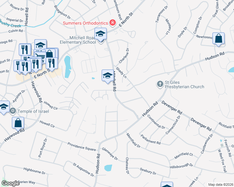 map of restaurants, bars, coffee shops, grocery stores, and more near 100 Mitchell Road in Greenville