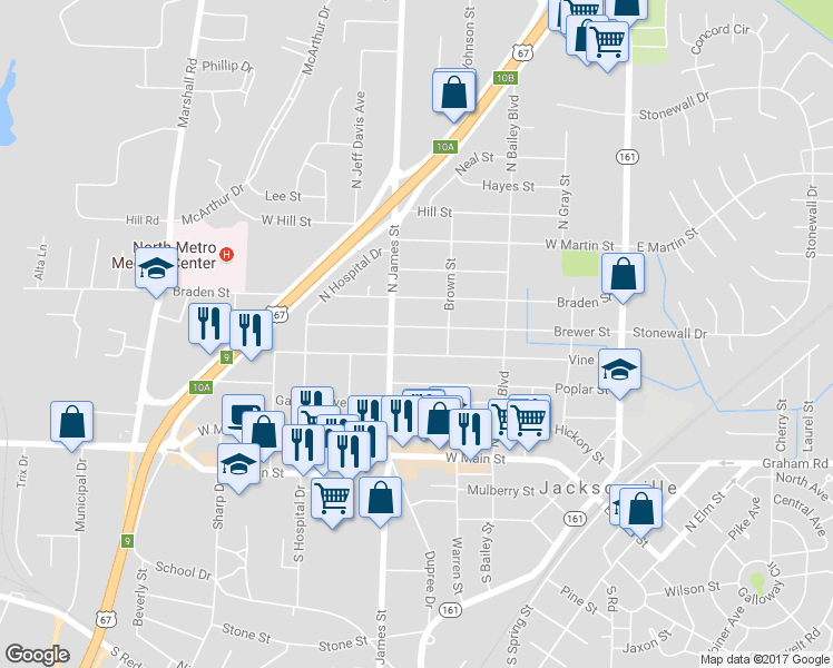 map of restaurants, bars, coffee shops, grocery stores, and more near 801 Brewer Street in Jacksonville