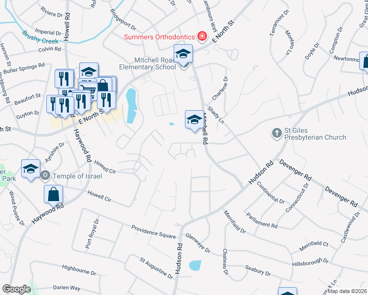 map of restaurants, bars, coffee shops, grocery stores, and more near 151 Mitchell Road in Greenville