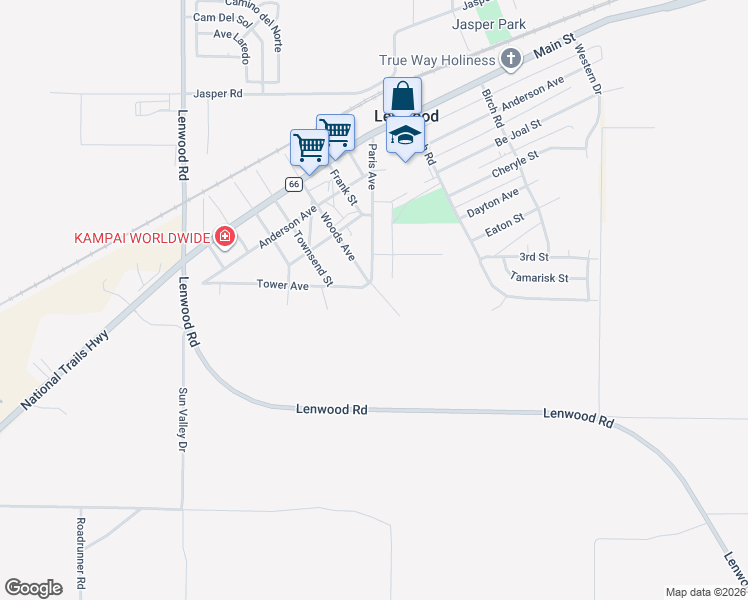 map of restaurants, bars, coffee shops, grocery stores, and more near 25249 Tower Avenue in Barstow